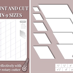Może przedstawiać: Biały wzór diamentu, przewodnik po cięciu z tekstem "PRINT AND CUT IN 9 SIZES". Przewodnik zawiera siatkę, diagram i ilustrację noża obrotowego. Rozmiary wahają się od 1,27 cm do 7,62 cm. Obecny jest również tekst "Cut effectively with your rotary cutter".