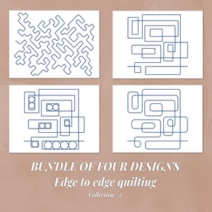 以下が含まれることがあります： 白地の背景に、ネイビーブルーの4つの抽象的なキルティングデザイン。デザインには幾何学的な形とパターンが含まれています。下部のテキストは「BUNDLE OF FOUR DESIGNS Edge to edge quilting Collection - 2」と表示されています。
