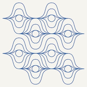 以下が含まれることがあります： 青色の波のような形状と円形のアクセントが繰り返される抽象的なデザイン。クリーム色の背景に配置され、視覚的に魅力的なコントラストを生み出しています。パターンは対称的で、動きの感覚を呼び起こします。