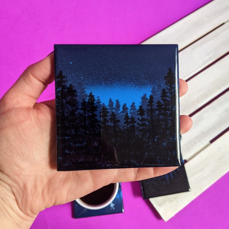 Blue Mountains and Trees Painted Coaster Set