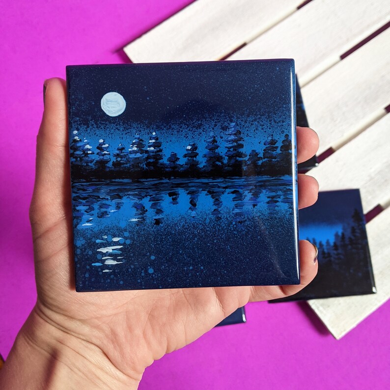 Blue Mountains and Trees Painted Coaster Set