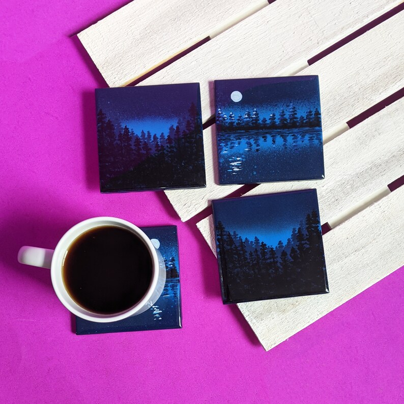 Blue Mountains and Trees Painted Coaster Set