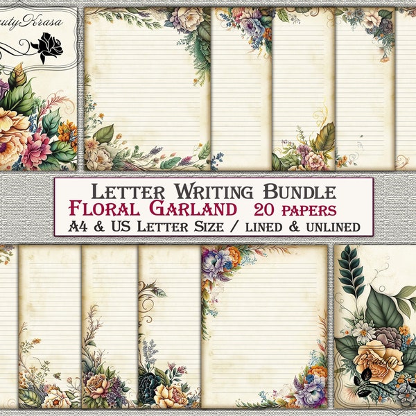 Letter Writing Bundle,Floral Garland Printable Stationery,unlined lined 20 papers