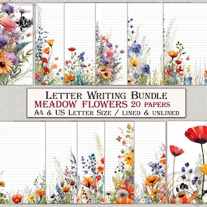 Paquete de escritura de cartas, papelería imprimible con flores de pradera, 20 hojas rayadas sin líneas