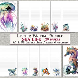 Letter Writing Bundle, Sea Life Printable Stationery,unlined lined 20 papers