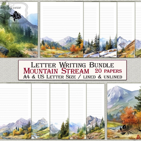 Lot d'écriture de lettres, ensemble de papeterie pdf imprimable Mountain Stream, non ligné ligné 20 papiers