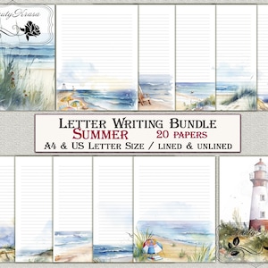 Letter Writing Bundle,Printable pdf Stationery set Summer,unlined lined 20 papers