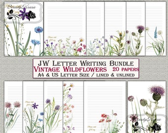 May include: A set of 20 printable letter writing papers featuring vintage watercolor illustrations of wildflowers. The papers are available in A4 and US letter size, and are both lined and unlined.
