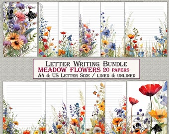 Letter Writing Bundle,Meadow Flowers Printable Stationery,unlined lined 20 papers