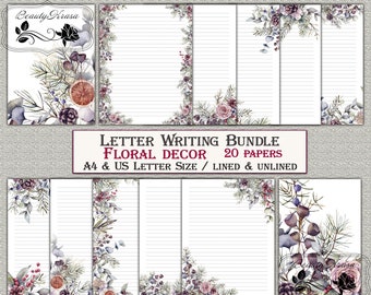 Letter Writing Bundle,Floral winter decor Printable Stationery,unlined lined 20 papers