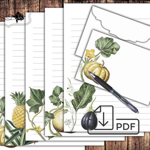 Conjunto estacionário para escrita de cartas botânicas para impressão, papel forrado e envelope, mistura de vegetais