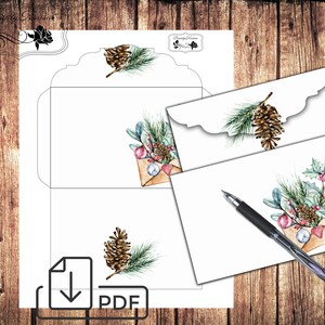 May include: Printable Christmas envelope template with a watercolor design featuring pine branches, pine cones, holly, berries, and a vintage envelope with ornaments. The template includes three envelopes, one with a full design, one with a smaller design, and one with a single pine cone design. The text "PDF" is included in the image.