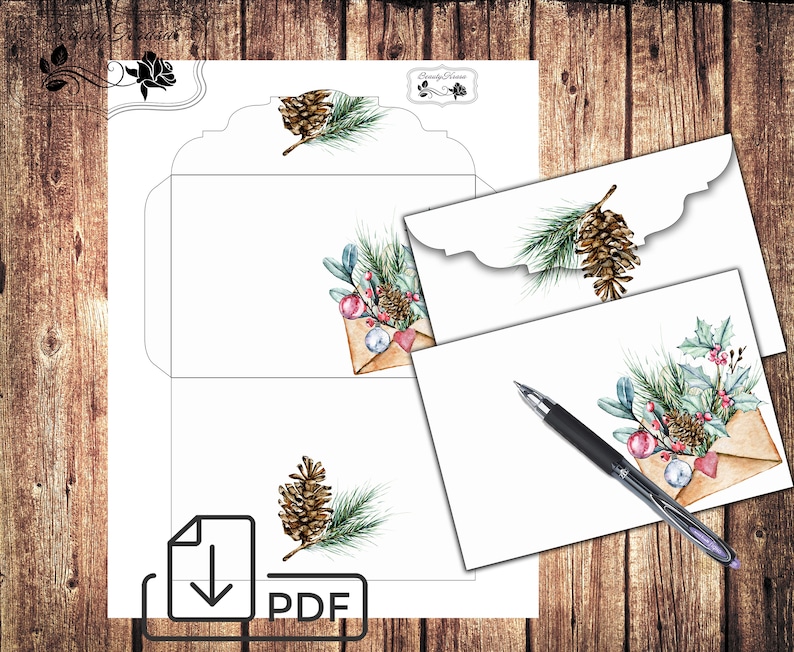 May include: Printable Christmas envelope template with a watercolor design featuring pine branches, pine cones, holly, berries, and a vintage envelope with ornaments. The template includes three envelopes, one with a full design, one with a smaller design, and one with a single pine cone design. The text "PDF" is included in the image.