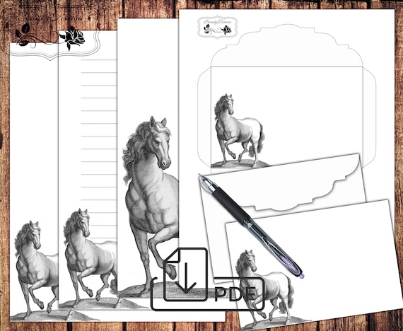 Printable Letter Writing Paper,Stationery set Vintage horse,Lined Unlined Notes&Envelope