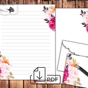 Conjunto de papelería Pink Bouquet, papel para escribir cartas imprimible y sobre