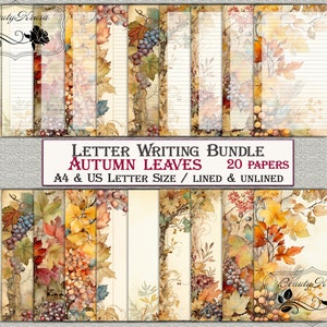 Letter Writing Bundle, Autumn Leaves Printable Stationery,unlined lined 20 papers