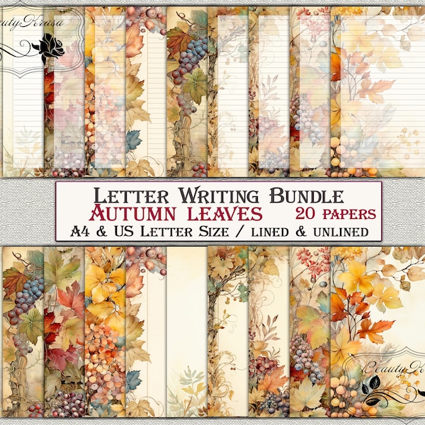 Letter Writing Bundle, Autumn Leaves Printable Stationery,unlined lined 20 papers