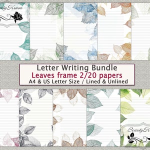 Letter Writing Bundle, Leaves frame-2 PDF Stationery,unlined lined 20 papers