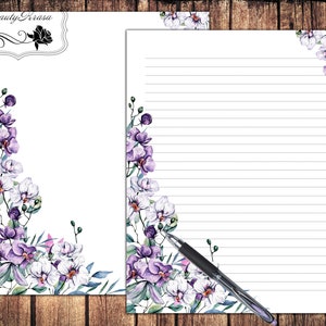 Orquídeas juego de escritura de cartas estacionarias, letras imprimibles, papel forrado sin forro, papelería para mujeres