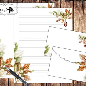 Conjunto de escrita de cartas estacionárias, papel de folhas de outono, download estacionário botânico papel forrado sem forro e envelope