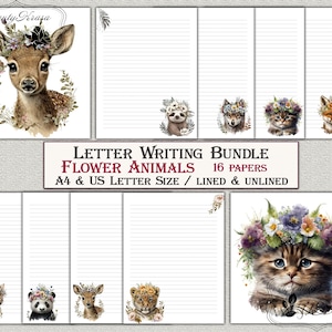 Conjunto de artigos de papelaria para escrita de pacote de cartas, download estacionário para impressão de animais de flores, forrado sem forro, 16 papéis
