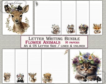 Letter Bundle writing Stationery set,Printable stationary download Flower Animals,unlined lined 16 papers