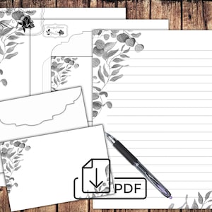 Set de escritura de cartas imprimibles Hojas negras, papel y sobre de papelería botánica