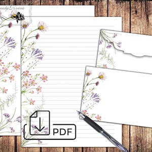 Cancelleria stampabile con fiori di campo, set di lettere vintage per scrivere fiori ad acquerello, carta e busta