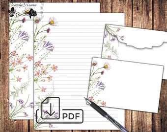 Wilde bloemen afdrukbaar briefpapier, vintage briefschrijfset aquarelbloemen, papier en envelop