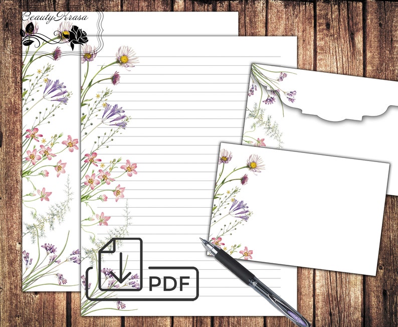 Wildflowers Printable Stationery,Vintage Letter Writing set watercolor flowers,Paper&Envelope image 1