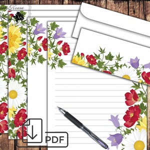 Conjunto estacionário, papel para escrever e envelope de carta de buquê floral imprimível