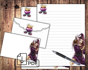 Afdrukbaar briefpapier Halloween-set Heks, brief schrijven Vakantiepapier en envelop