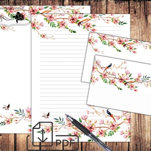 Stationary set Cherry Blossoms birds Letter paper,Printable unlined lined paper&Envelope