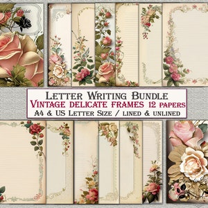 Letter Writing Bundle,Printable pdf Stationery set Delicate Frames,unlined lined 12 papers