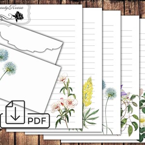 Conjunto de escrita de cartas botânicas para impressão, papel forrado e envelope, flores misturadas de papelaria
