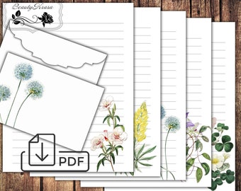 Juego de cartas botánicas imprimibles, papel rayado y sobre, papelería con flores.