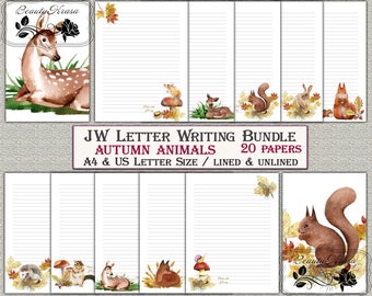 JW  letter Bundle writing Stationery set,Printable stationary download forest autumn animals,unlined lined 20 papers