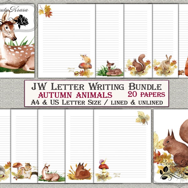 JW  letter Bundle writing Stationery set,Printable stationary download forest autumn animals,unlined lined 20 papers