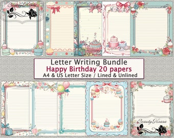 Letter Writing Bundle, Happy Birthday PDF Stationery,unlined lined 20 papers