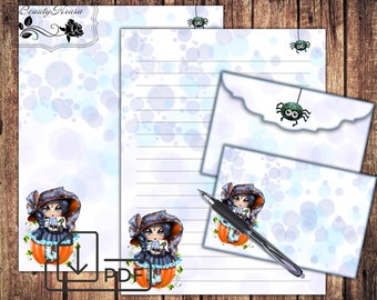Afdrukbaar briefpapier Halloween set Kleine heks, brief schrijven Vakantie papier & envelop