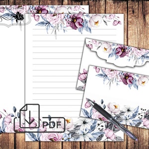 Juego de papelería con ramo rosa, papel para escribir cartas imprimible y sobre