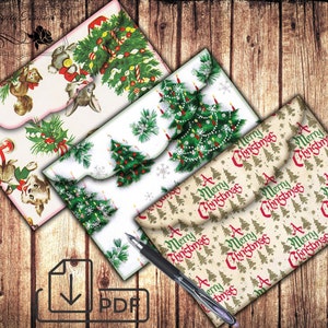 May include: Three vintage Christmas gift wrapping paper designs. The first design features a green Christmas tree with red ornaments and candy canes, a squirrel, and a rabbit. The second design features a green Christmas tree with white ornaments and candles, and snowflakes. The third design features a repeating pattern of green Christmas trees with red "A Merry Christmas" text.