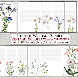 Letter Writing Bundle,Vintage Wildflowers Printable Stationery,unlined lined 20 papers