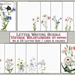 Paquete de escritura de cartas, papelería imprimible de flores silvestres vintage, 20 papeles rayados sin forro