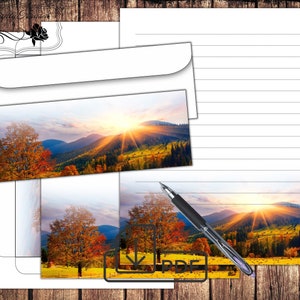 Printable Letter Writing paper,stationery set Autumn sunrise,lined unlined paper&envelope