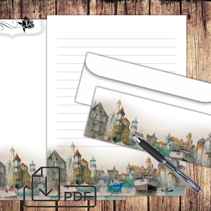 Printable letter writing paper set,landscape stationery,lined unlined paper&envelope