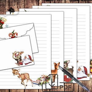 May include: Set of printable vintage Christmas stationery featuring a reindeer pulling a sleigh with Santa Claus, a candy cane, and a cat in a stocking. The stationery has lined paper and a matching envelope.
