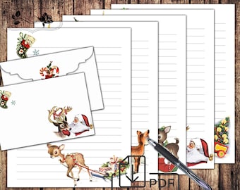 Vintage Printable Christmas Deer Stationary digital set,letter writing lined paper&envelope