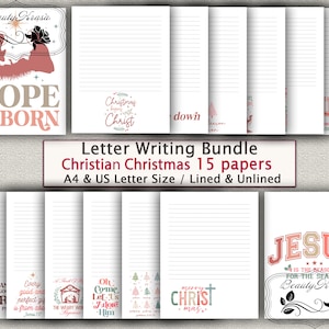 Op de afbeelding: Een briefschrijfpakket met christelijke kerstthema-papieren. De bundel bevat 15 papieren in A4- en US Letter-formaten, met gelijnde en ongelijnde opties. Het ontwerp bevat de tekst "HOPE IS BORN" en "JESUS IS THE REASON FOR THE SEASON".