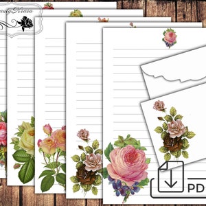 Conjunto estacionário, carta de rosas para impressão, papel forrado e envelope
